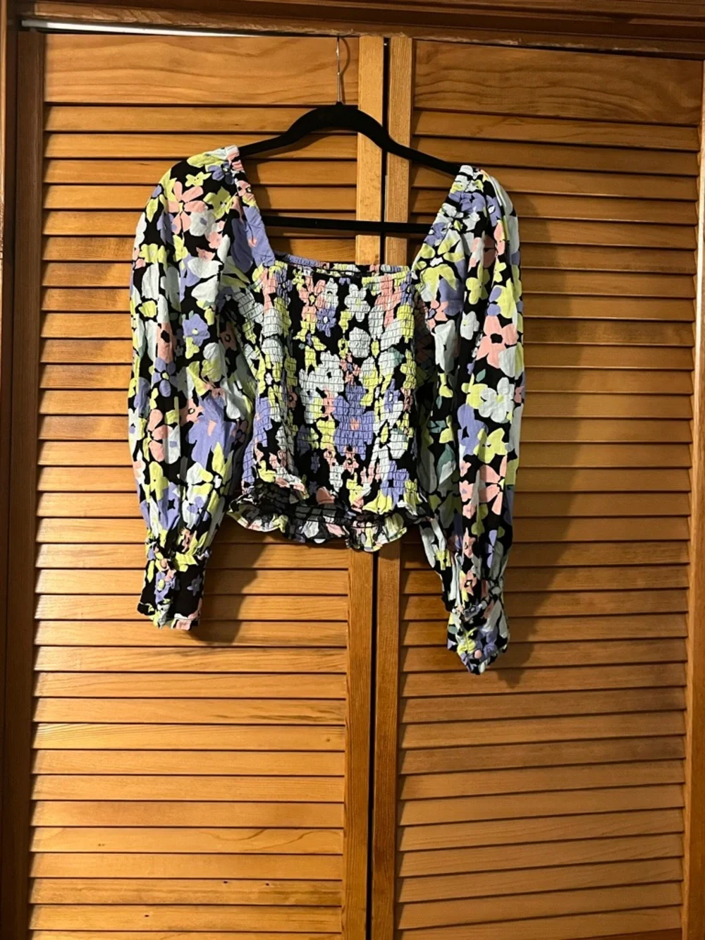 Free People Cotton Ariana Floral Smocked Cropped Blouse
